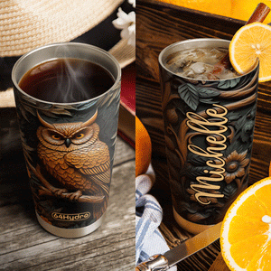 Owl In Night Forest Leather Carving HHAY100723123 Stainless Steel Tumbler
